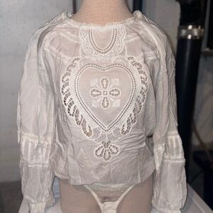 Free People Cream Lace Embroidered bodysuit